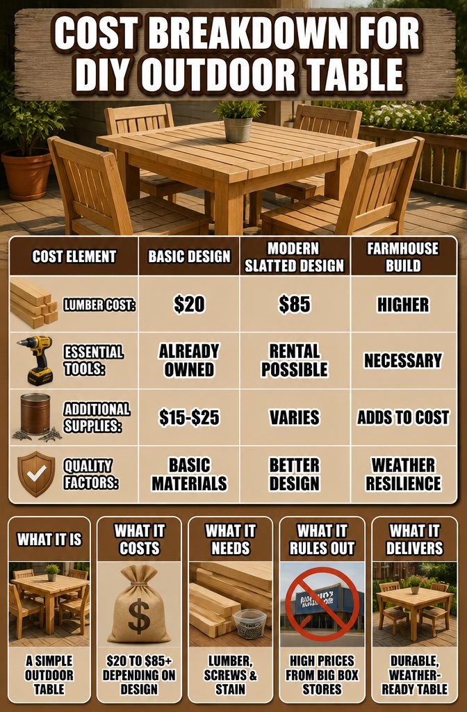How to Build a DIY Outdoor Table: 6 Project Plans Explained 12 Information image detailing the cost breakdown for a DIY table.