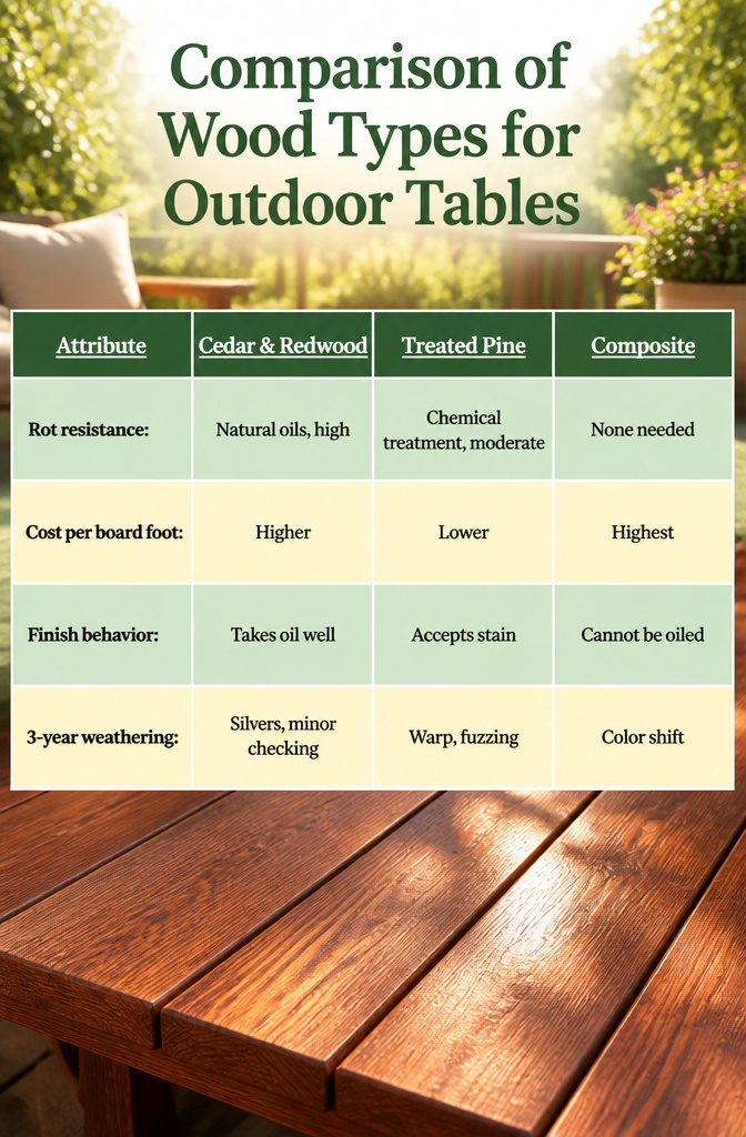 How to Build a DIY Outdoor Table: 6 Project Plans Explained 14 Visual comparison of different wood types for outdoor tables.