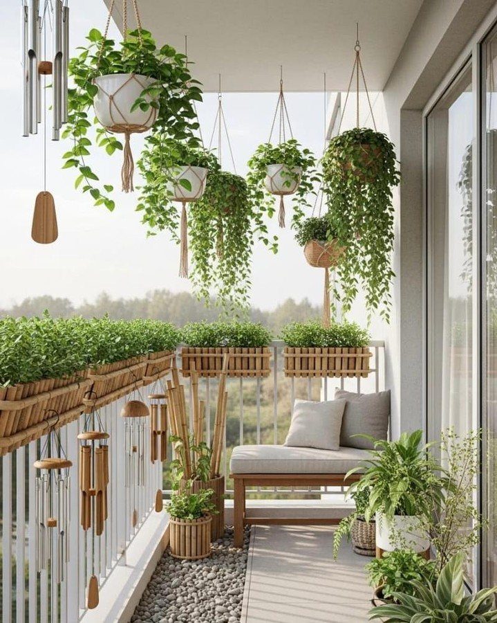 12 DIY Small Garden Ideas for Patios, Balconies and Backyards 12 Hanging plants in macrame holders and wooden planters decorate a modern balcony with a bench.
