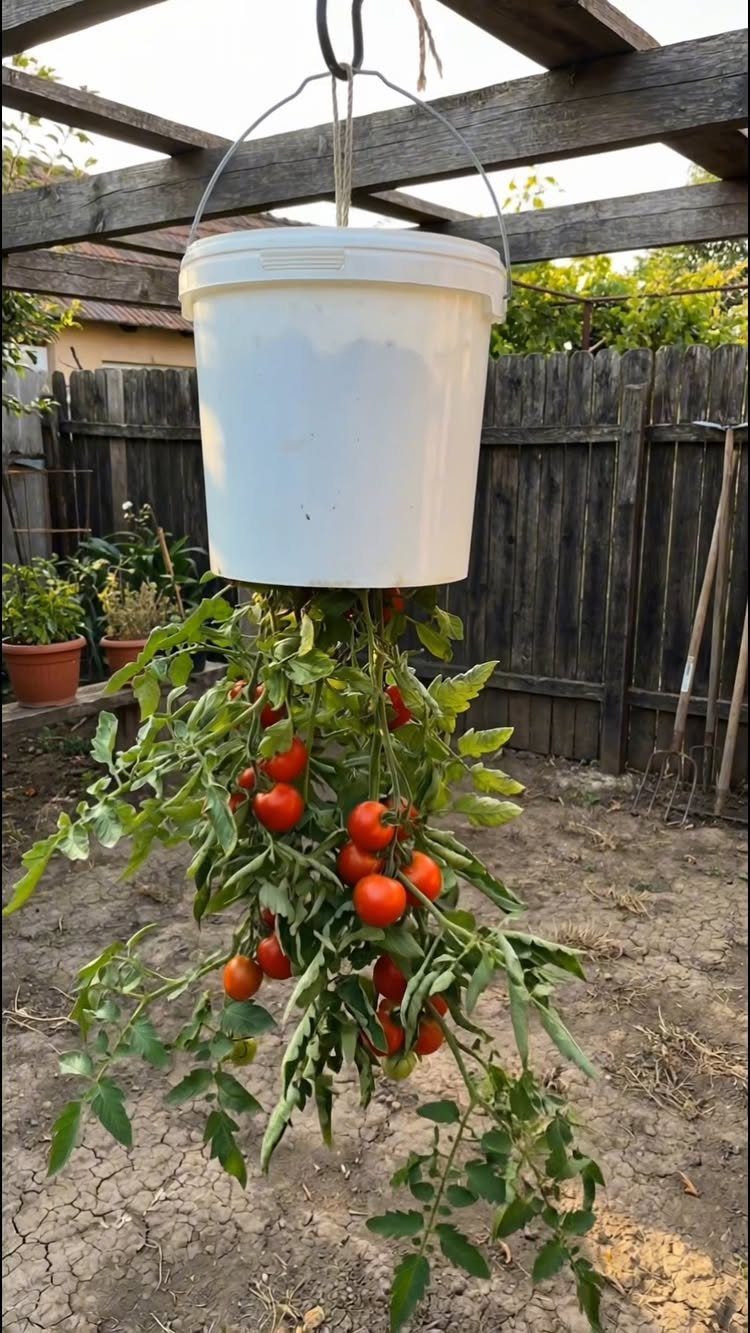 12 DIY Small Garden Ideas for Patios, Balconies and Backyards 11 A white plastic bucket hanging from a pergola, growing a tomato plant with many red tomatoes.