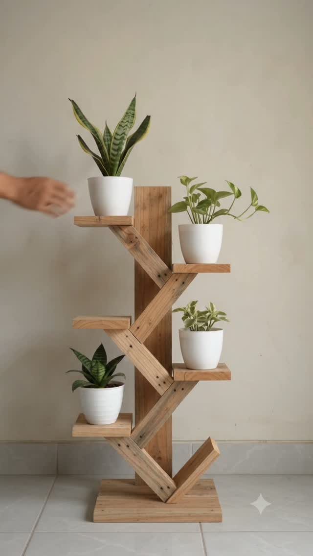 12 DIY Small Garden Ideas for Patios, Balconies and Backyards 2 A geometric wooden plant stand holding four white pots with green plants against a plain wall.
