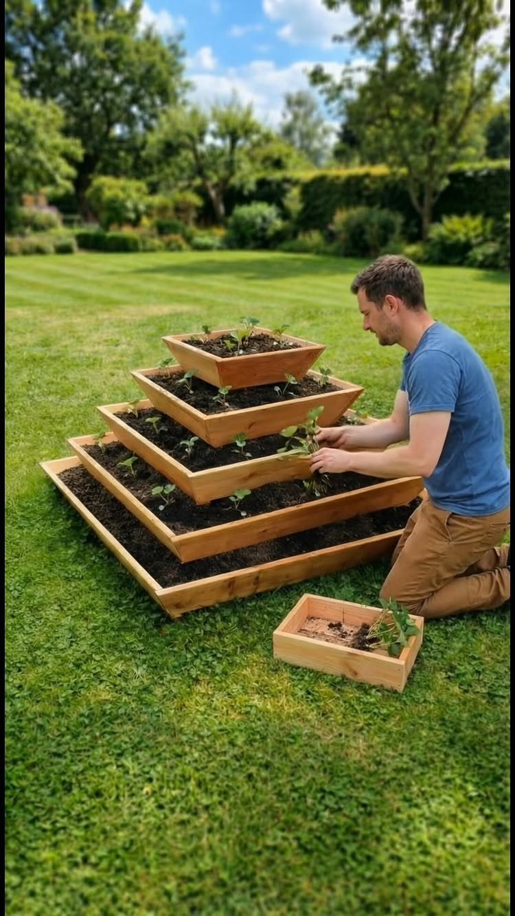 12 DIY Small Garden Ideas for Patios, Balconies and Backyards 8 A man tends to small green plants in a tiered wooden planter on a lawn.