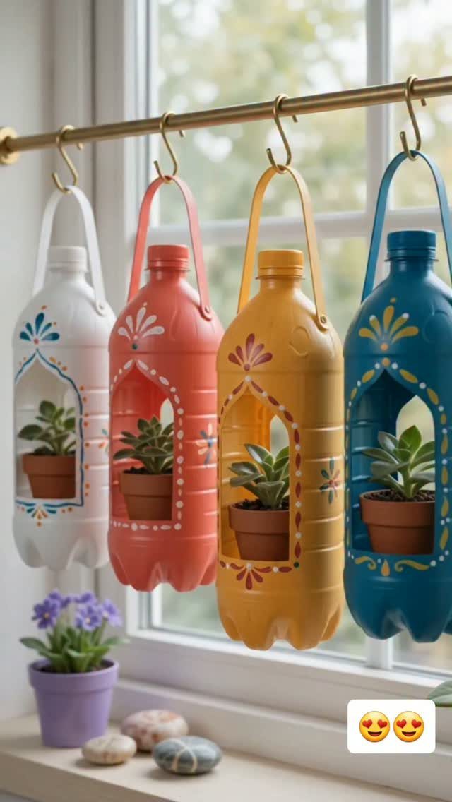 12 DIY Small Garden Ideas for Patios, Balconies and Backyards 9 Four colorful painted plastic bottles hanging from a rod, each holding a small potted succulent plant.