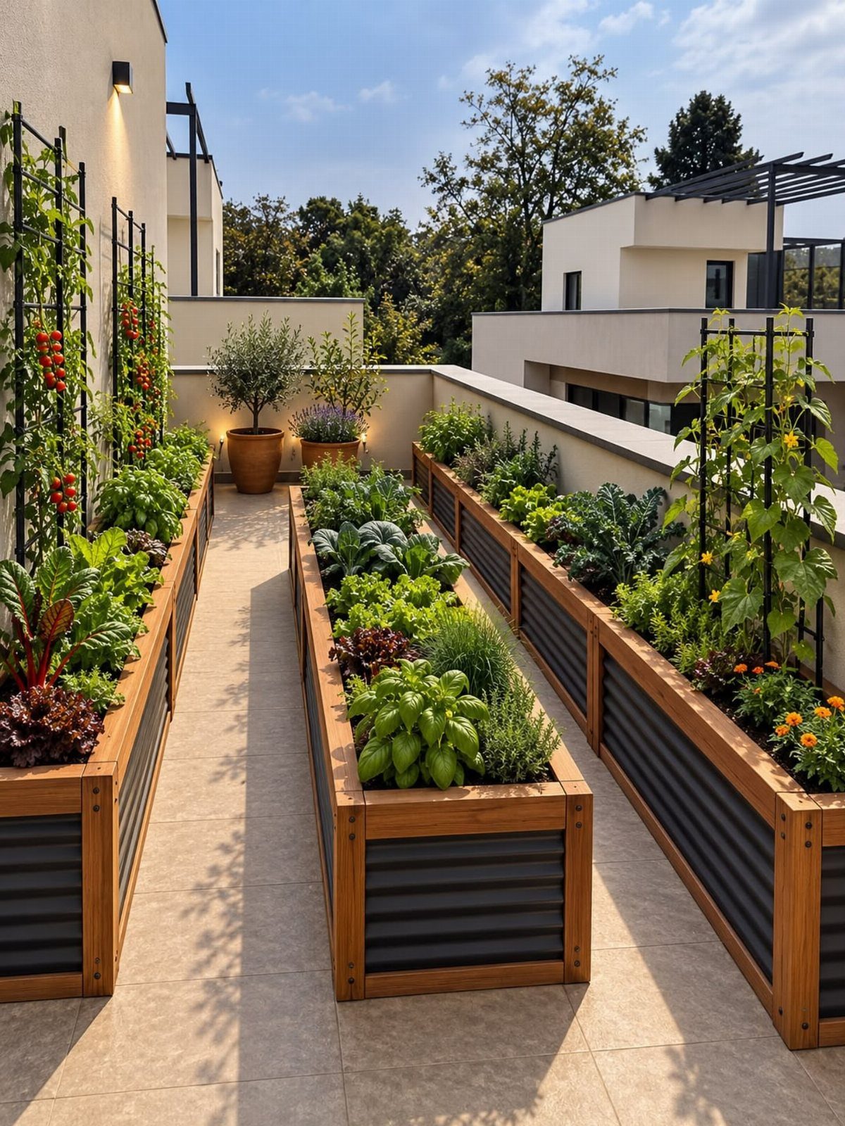 Easy Raised Garden Beds with 8 Material Ideas 7 Long wooden and metal raised garden beds filled with various green vegetables on a sunny terrace.