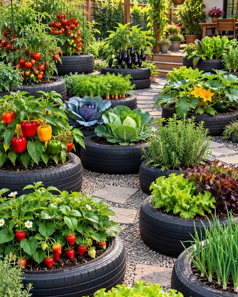 Easy Raised Garden Beds with 8 Material Ideas 3 Black rubber tires repurposed as raised garden beds filled with various colorful vegetables and green plants.