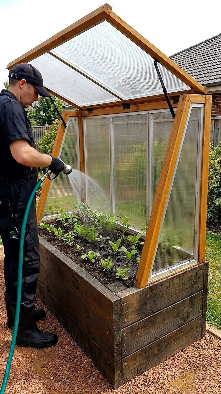 Easy Raised Garden Beds with 8 Material Ideas 6 A person watering small green plants inside a wooden raised garden bed with a greenhouse cover.