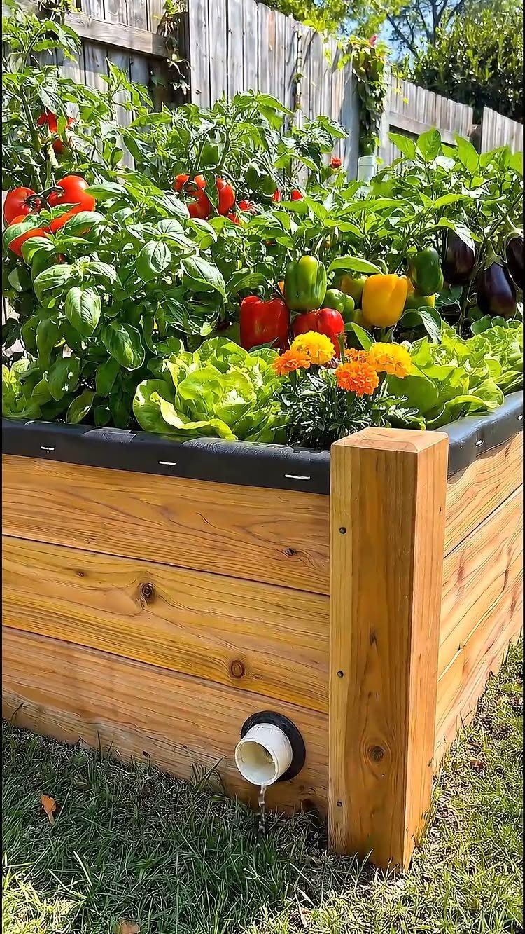 Easy Raised Garden Beds with 8 Material Ideas 2 Wooden raised garden bed with vegetables and a drainage pipe at the bottom.