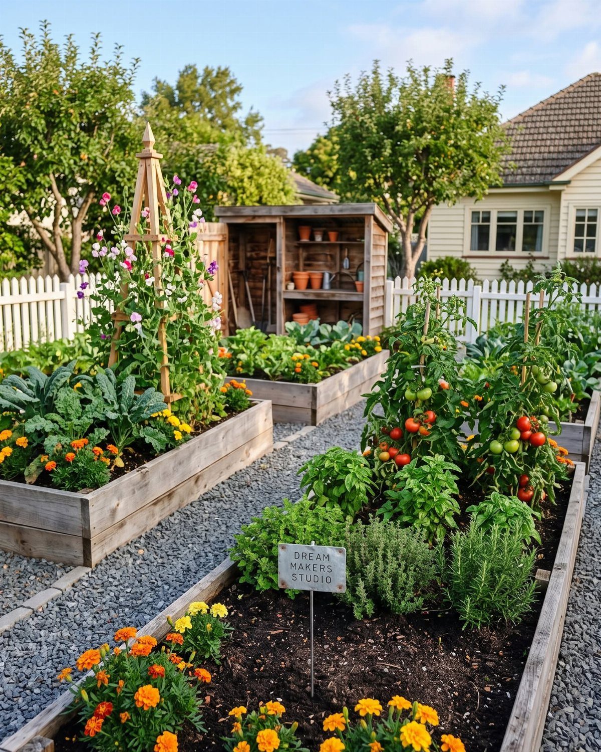 Easy Raised Garden Beds with 8 Material Ideas 1 Wooden raised garden beds filled with vegetables and orange flowers sit on a gravel path.
