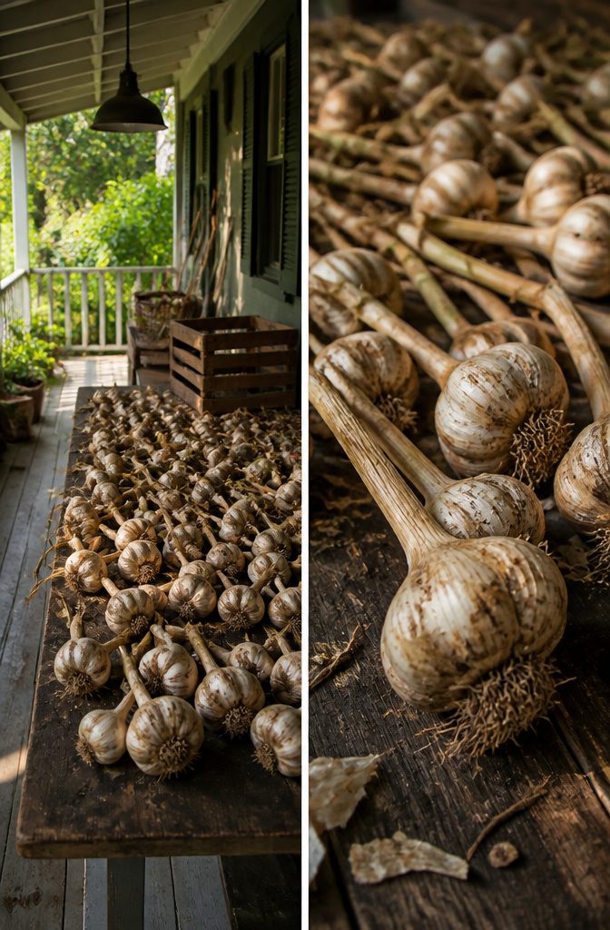 Freshly harvested garlic bulbs laid out to cure in a dry, shaded area.