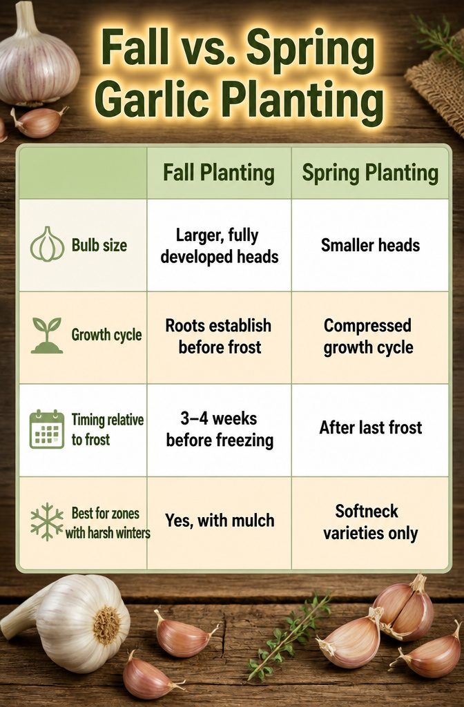 A comparison chart showing the differences between fall and spring garlic planting.