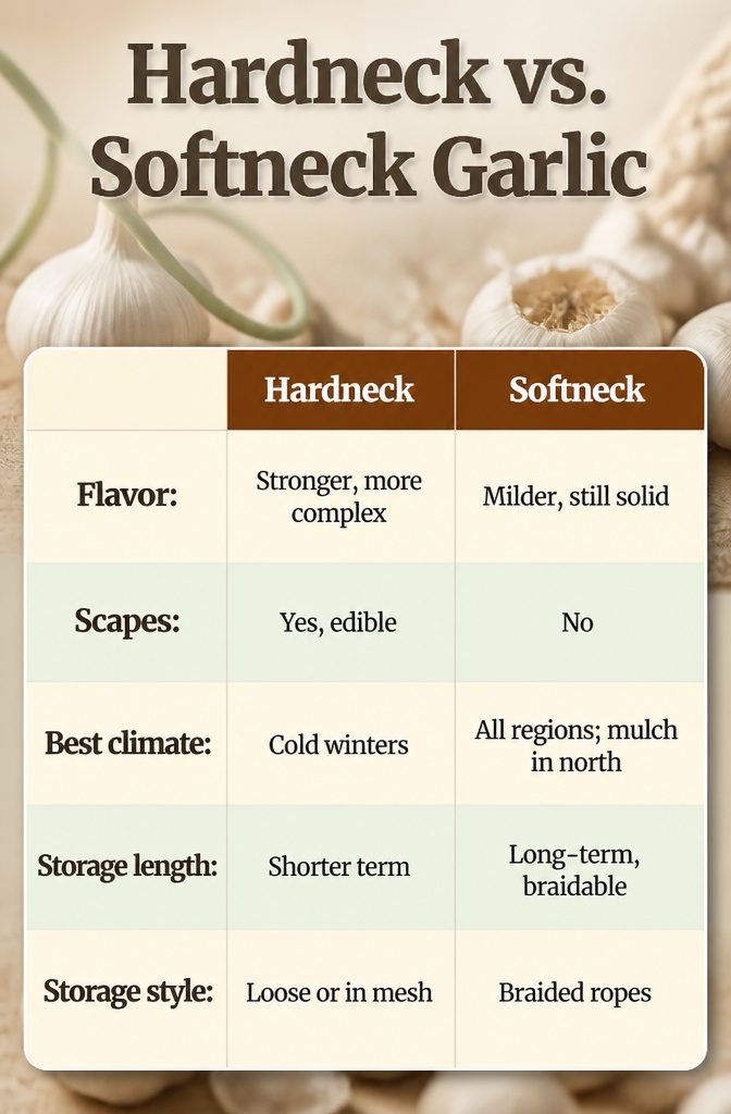 A comparison chart showing hardneck and softneck garlic characteristics.