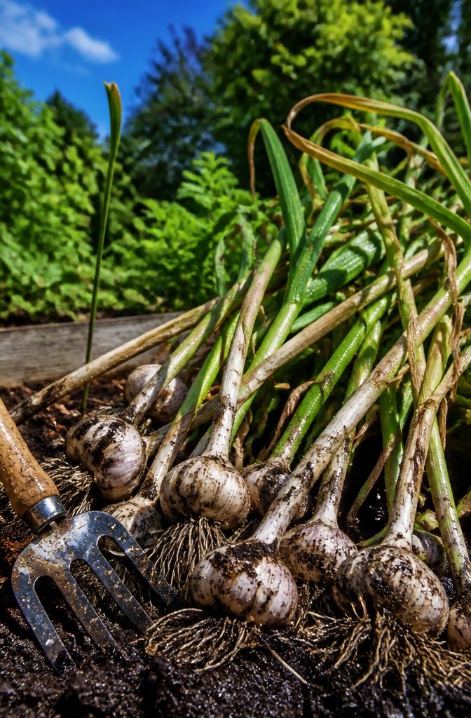 A hand fork lifting garlic bulbs from the soil in a garden bed.