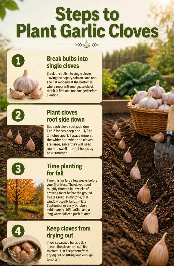 A step-by-step guide image showing how to plant garlic cloves in soil.
