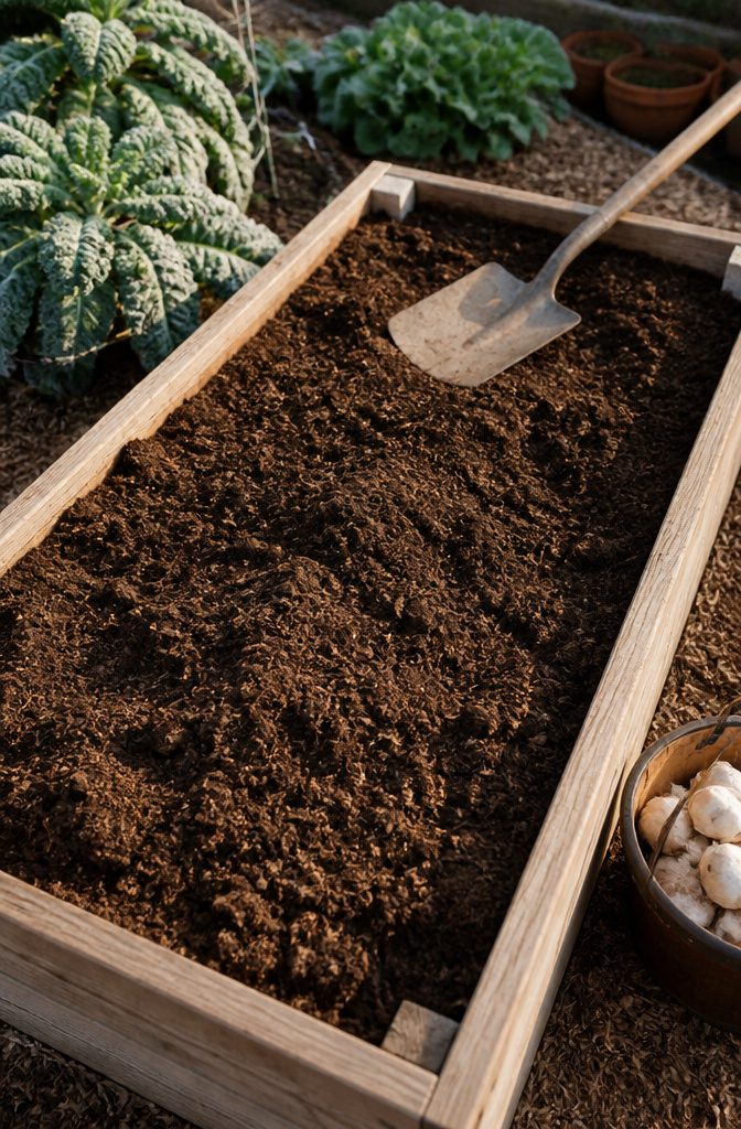 A gardener's hands mixing soil in a raised garden bed filled with compost.
