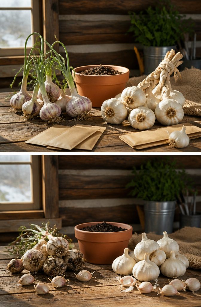 An overhead view of hardneck and softneck garlic varieties on a table.
