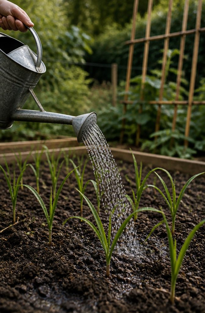 Moist soil with water droplets and a watering can positioned over it.