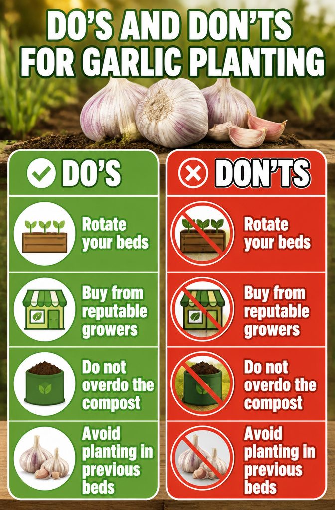 A do's and don'ts guide for successful garlic planting displayed on a table.