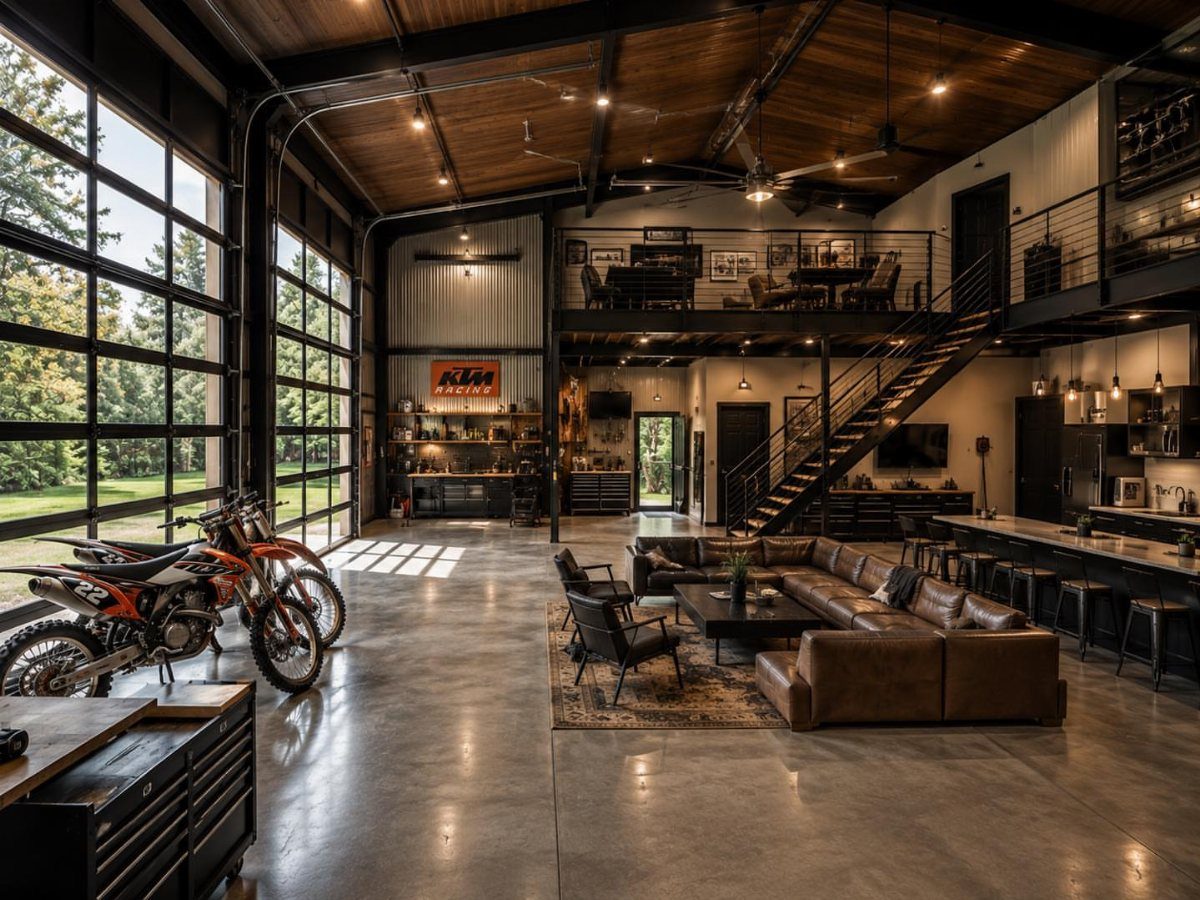 9 Garage Design Interior Ideas for Workspace, Storage and Style 2 A spacious garage converted into a luxury living area with a sofa, kitchen, and motorcycles.
