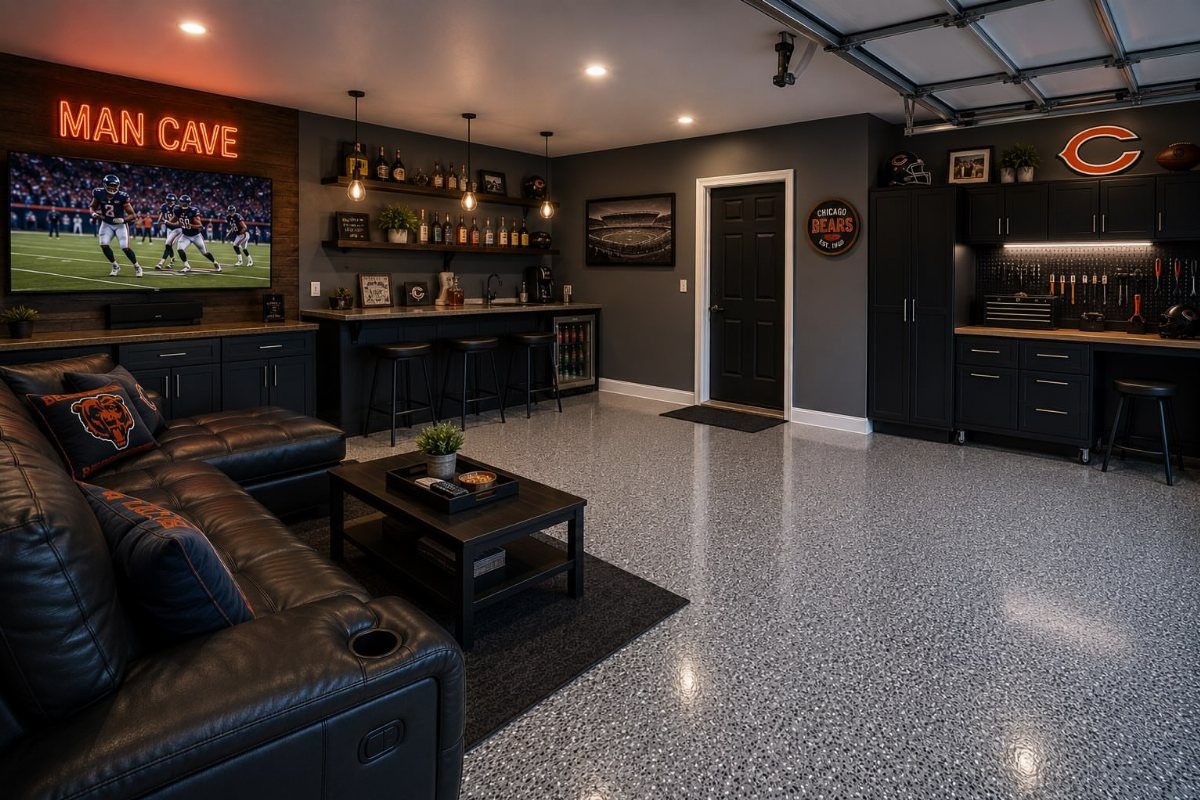 Garage to Family Room Conversion: 8 Ideas for 2026 3 Black leather sectional sofa and bar area in a modern, finished man cave garage space.