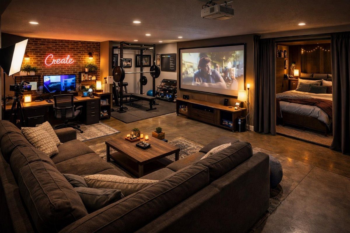 Garage to Family Room Conversion: 8 Ideas for 2026 2 A large media room with a projector screen, sectional sofa, computer desk, and home gym area.