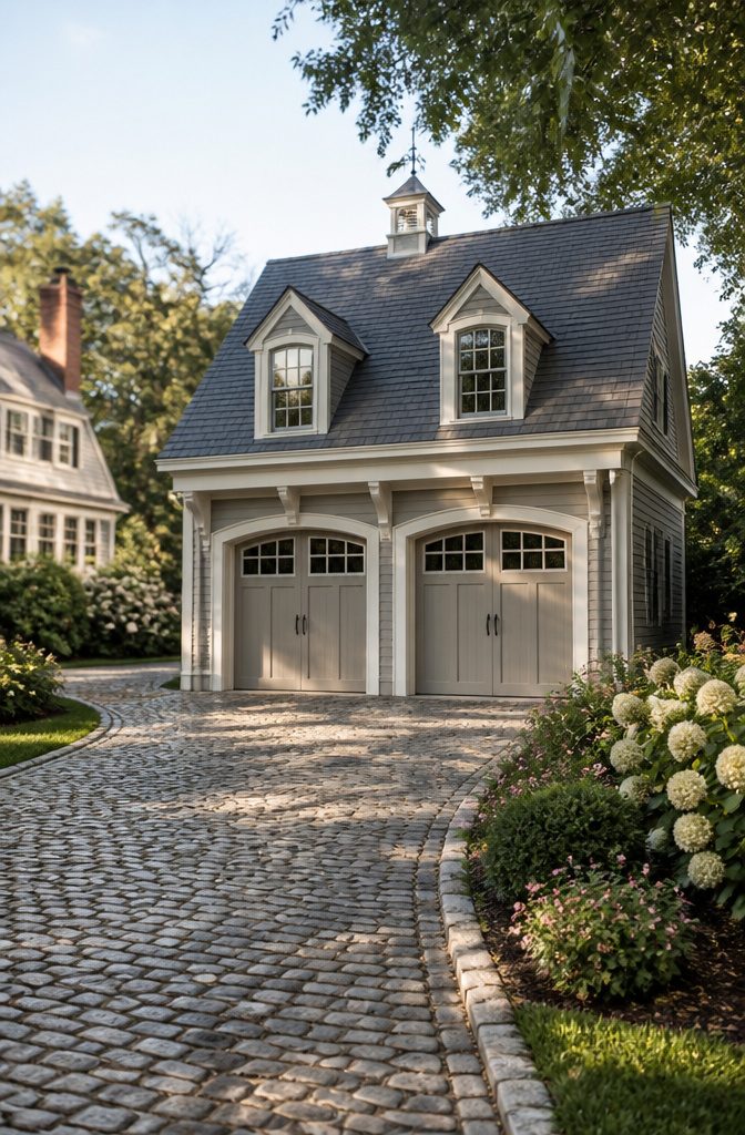 Garage with Living Space Above: Plans, Types & Build Costs 9 A carriage house garage with symmetrical doors and a steep roof.