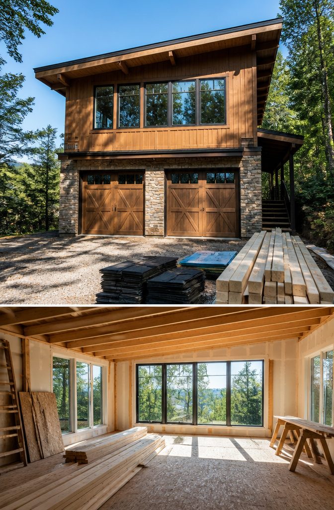 Garage with Living Space Above: Plans, Types & Build Costs 3 An external stairway leads to a living space above a garage.
