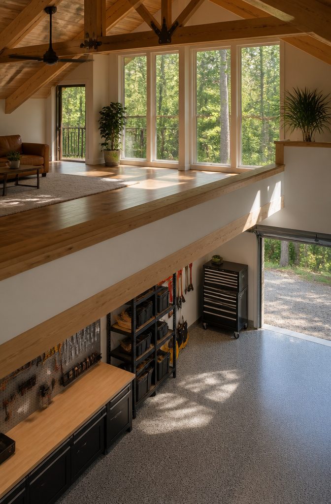 Garage with Living Space Above: Plans, Types & Build Costs 8 A garage loft with minimal barriers and large windows for light.