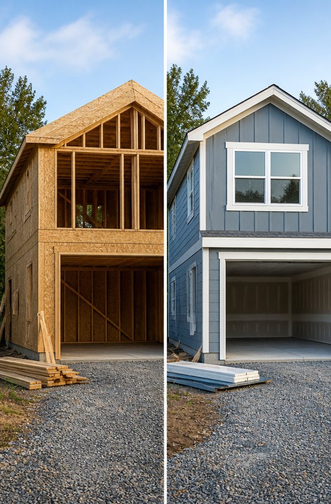 Garage with Living Space Above: Plans, Types & Build Costs 10 A prefab garage structure being delivered for assembly.