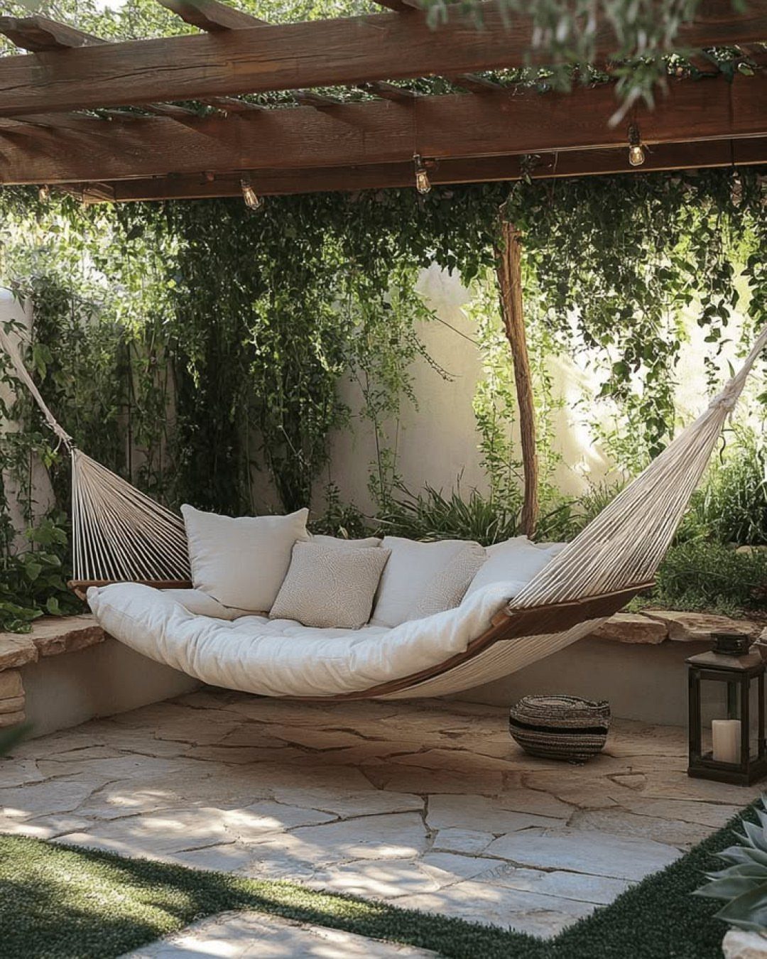 22 Backyard Garden Ideas for Patios, Beds, and Privacy 4 A white rope hammock with pillows hangs under a vine-covered wooden pergola on a stone patio.
