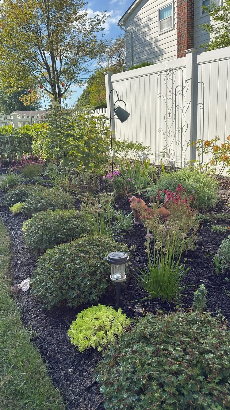 22 Backyard Garden Ideas for Patios, Beds, and Privacy 17 Green perennial shrubs and leafy plants growing in a mulched garden bed against a white fence.