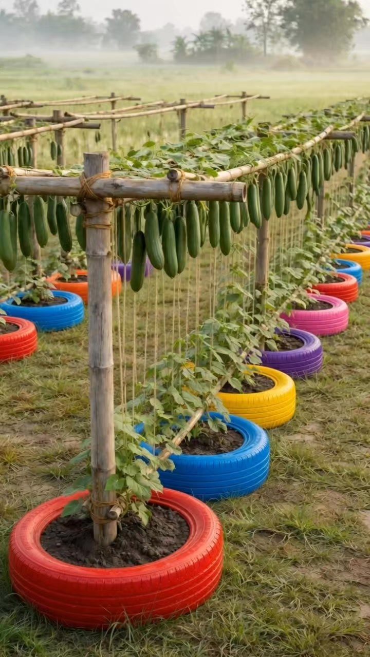 22 Backyard Garden Ideas for Patios, Beds, and Privacy 12 Rows of brightly colored painted tires used as garden planters under a wooden trellis structure.