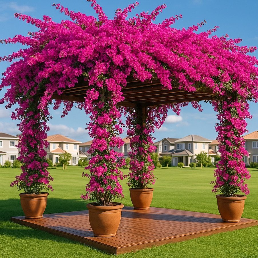 22 Backyard Garden Ideas for Patios, Beds, and Privacy 15 A wooden pergola covered in bright pink climbing flowers sitting on a wooden deck.