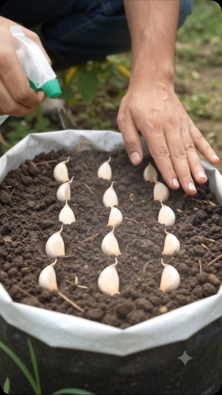 Hands planting garlic cloves in dark soil and spraying them with a water mister.