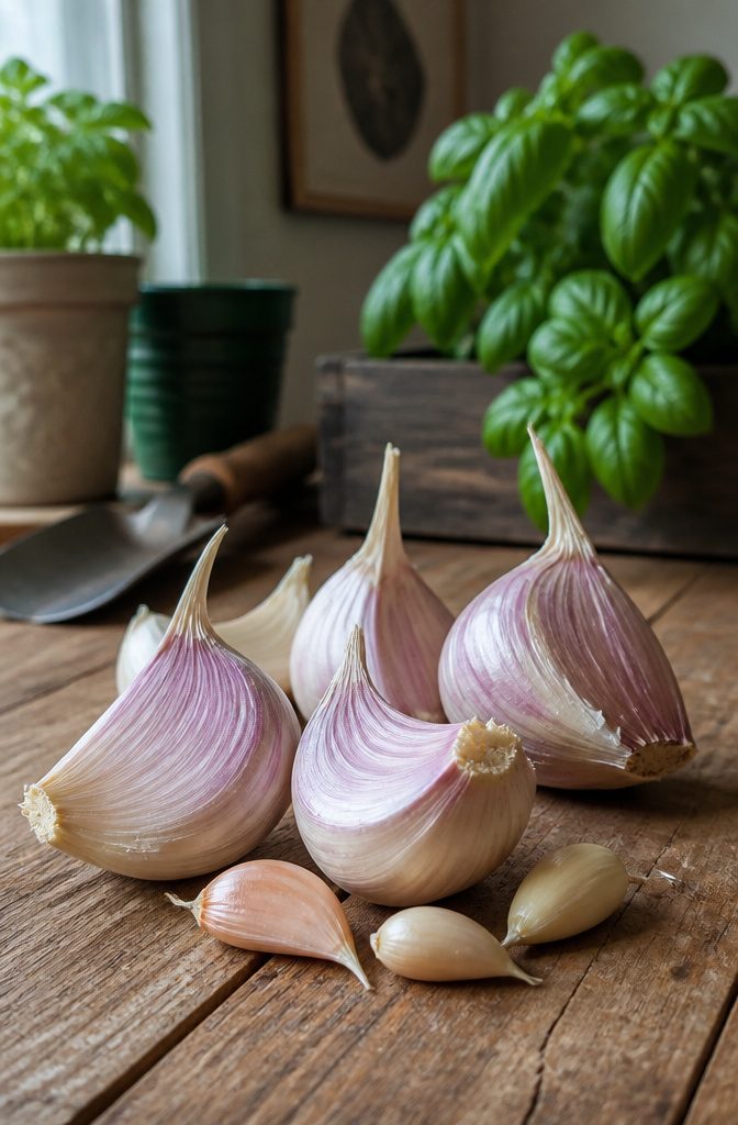 Organic garlic cloves in various sizes on a wooden table.