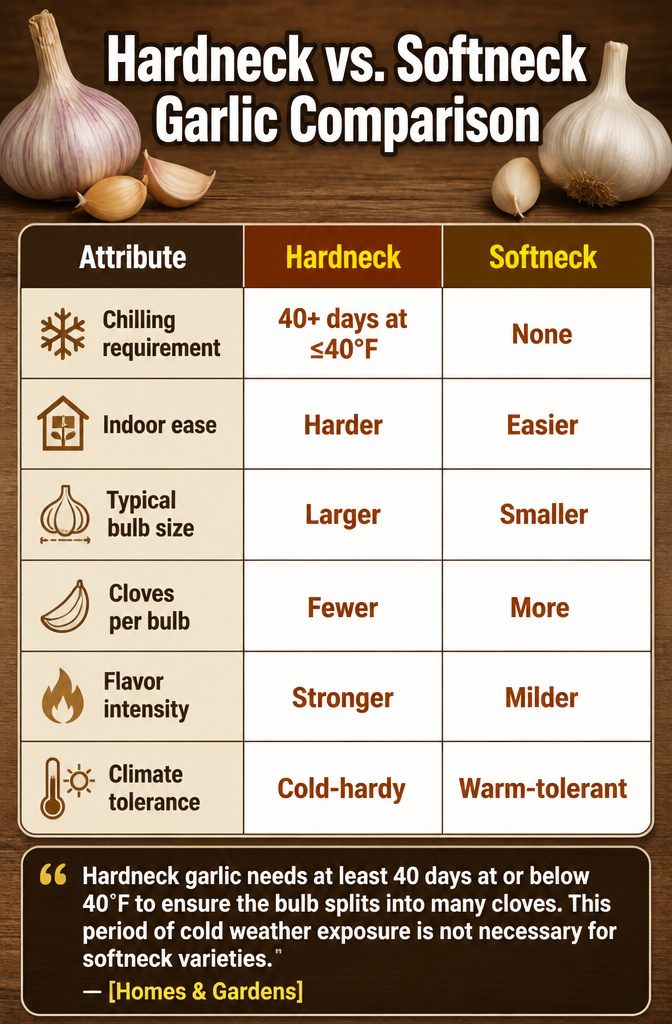 A comparison chart for hardneck and softneck garlic.