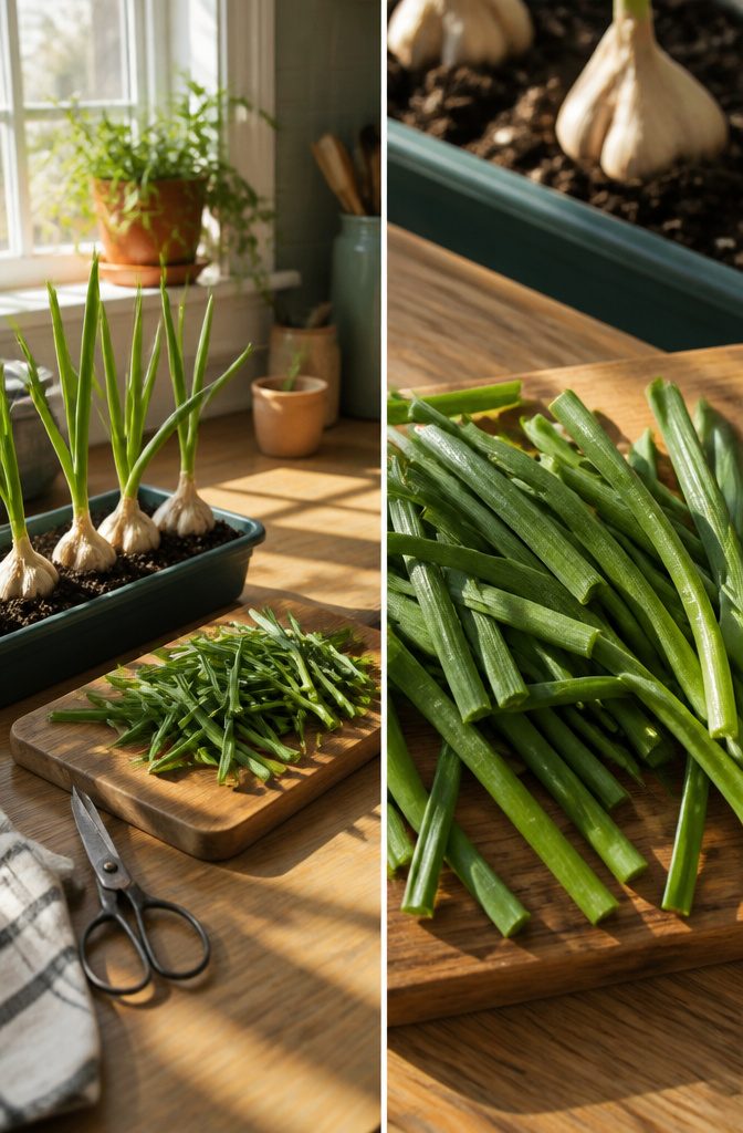 A garlic plant with green shoots ready for harvesting.
