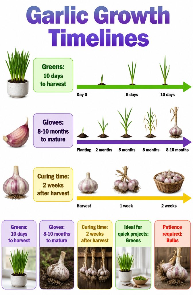 A timeline comparing the growth of garlic greens and bulbs.