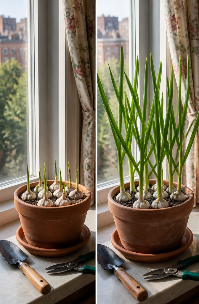 A visual comparison between indoor and outdoor garlic growing.