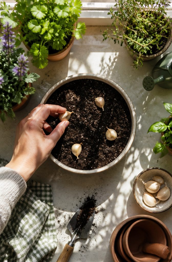 Garlic cloves planted in soil, pointy side up and spaced apart.