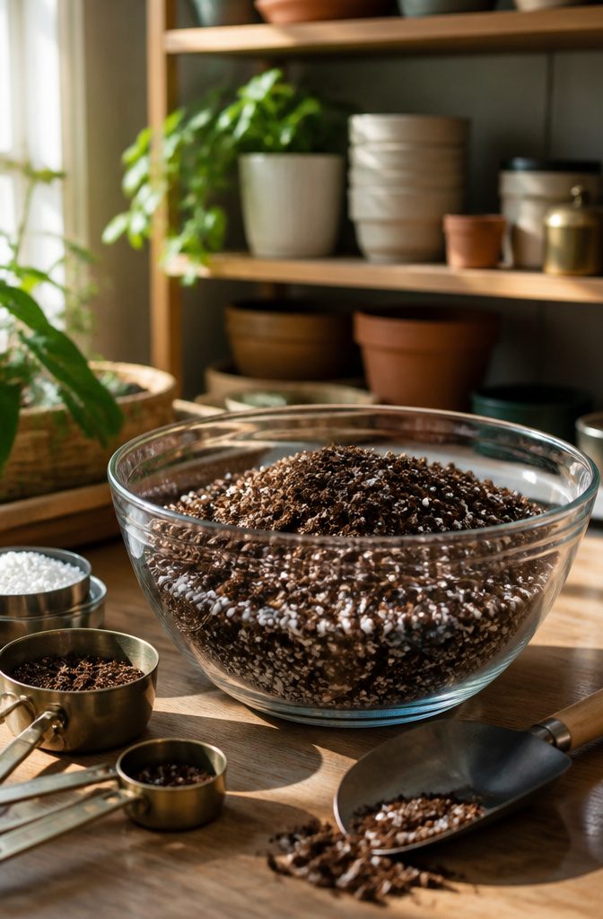 A mixing bowl filled with potting soil and perlite.