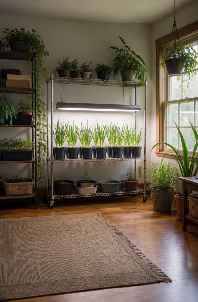 A grow light setup above a pot of garlic on a windowsill.