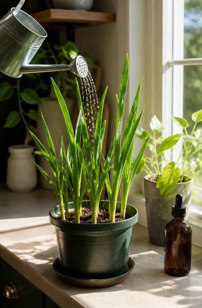 A watering can above a pot of garlic greens on a windowsill.
