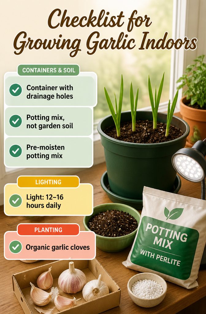 A checklist of items needed for growing garlic indoors.