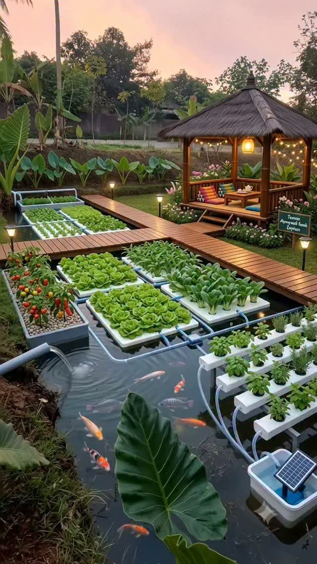 Aquaponics system with floating vegetable trays and koi fish swimming in a pond below.