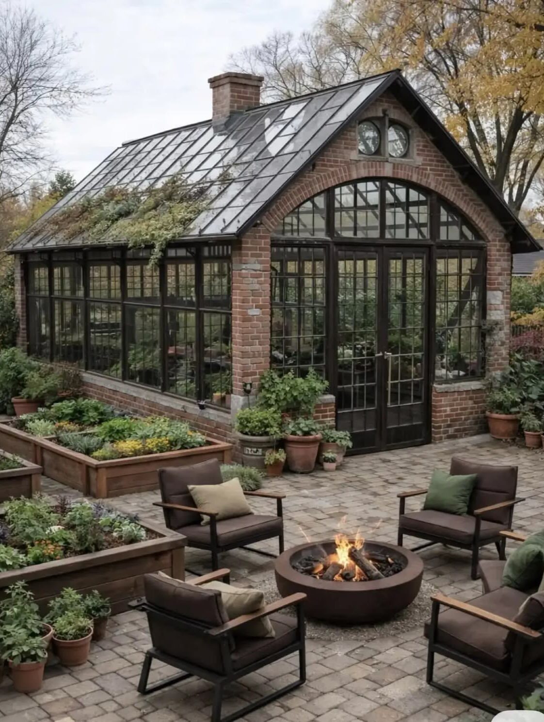 A brick conservatory with large glass windows overlooking a patio with lounge chairs and a fire pit.