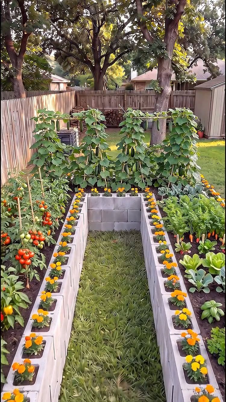 Concrete block garden beds filled with marigolds, tomatoes, and various green leafy vegetables.