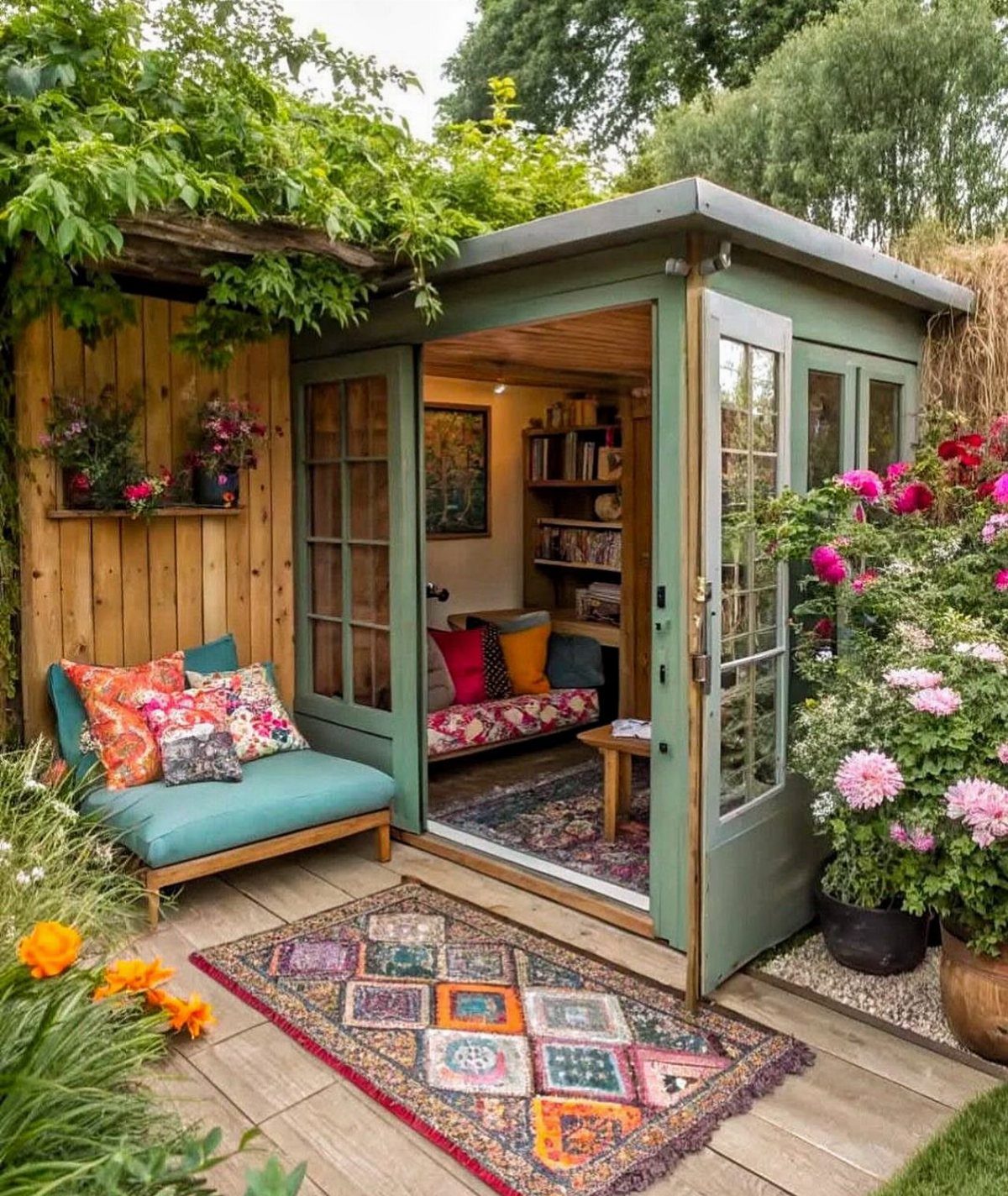 Green garden shed with open doors revealing a cozy interior lounge with colorful pillows and books.