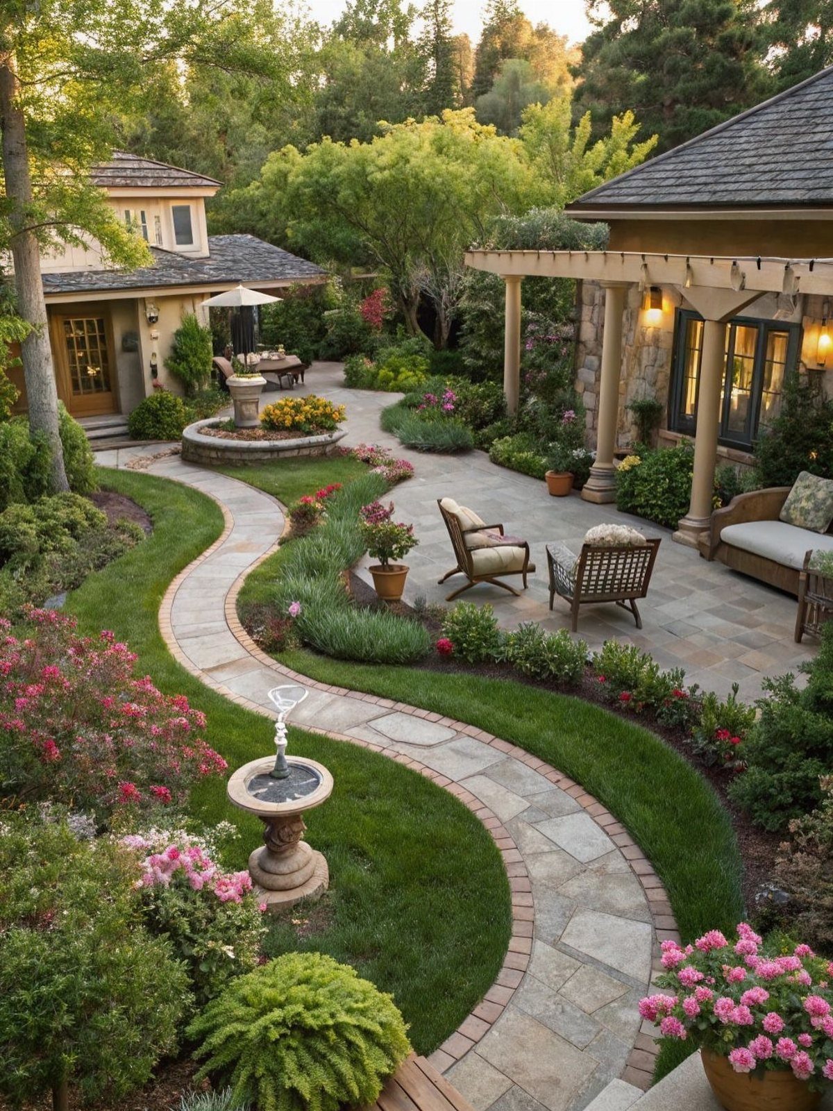 A winding stone pathway curves through a lush garden filled with colorful flowers and green shrubs.