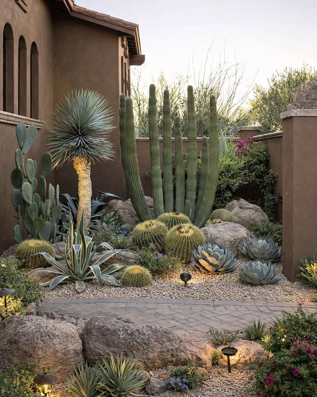 Various cacti and succulents arranged with large rocks and gravel in a desert landscape garden.