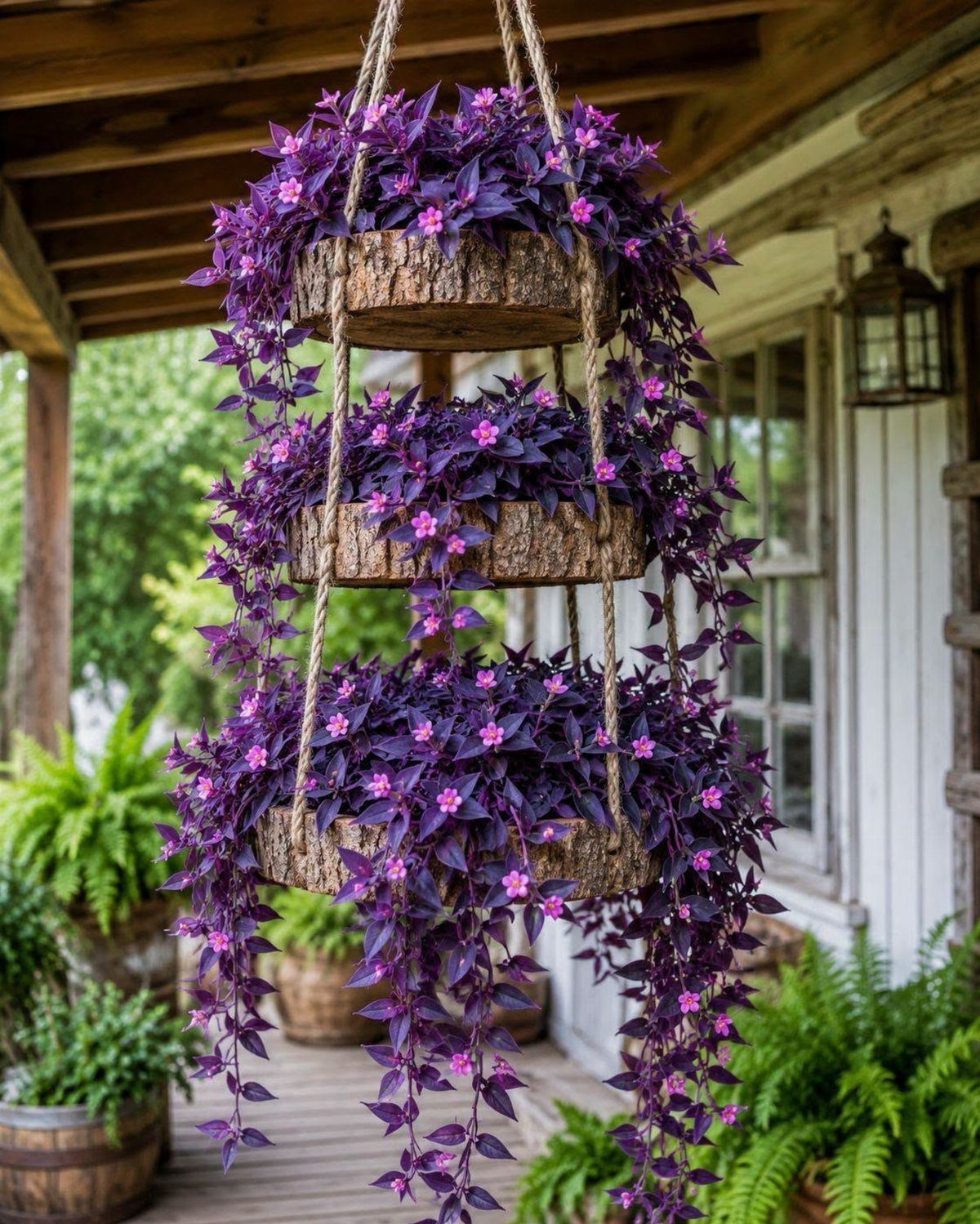 Three hanging wooden planters with cascading purple plants suspended from a wooden porch ceiling.